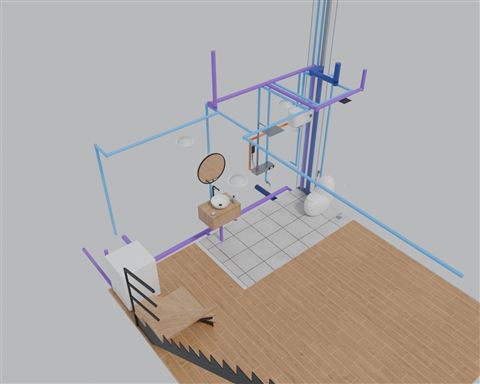 WC1, corridor and washing machine: water pipes